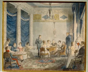 Olenin-familiens stue i Priyutino (Rusland). (The Salon of Olenin Family In Priyutino). Kunstnerisk og litterært møde i Alexei (Aleksin) Nikolaevich Olenin (1778-1836), lærd og statsmands residens, nær Sankt Petersborg, hvis f.