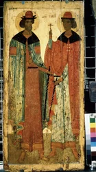 ""De hellige Boris og Gleb, sønner af Vladimir I af Kiev"" Russisk ikon. Maleri på træ omkring 1450. Statens Tretyakov Galleri, Moskva
