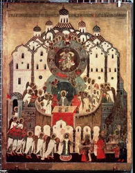 ""Liturgi. Ærkeenglenes synakse"" russisk ikon. Maleri på træ fra 1500-tallet. Statens Tretyakov-galleri, Moskva