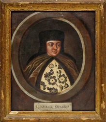 Natalia Kirillovna Narychkina (1651-1694) (Nathalie Narychkine) - Portræt af zarinaen Natalia Naryshkina (1651-1694), hustru til tsar Alexis I af Rusland par Anonymous, slutningen af det 17. - Olie på træ, 29x24 - Privat samling