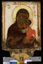 ""Vor Frue (Vor Frue) af Ømhed"" eller ""Virgin Eleusa (Eleousa)"" russisk ikon. Maleri på træ fra slutningen af ​​14. begyndelsen af ​​1400-tallet. Statens russiske museum i Sankt Petersborg