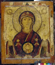 Notre Dame du Signe - Icone russe, tempera sur bois (73,4x64 cm), debut 13eme siecle - (Vor Frue af tegnet, Tempera på panel, russisk ikon, tidligt 13. århundrede) - Tretyakov-statsgalleriet, Moskva