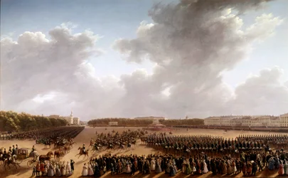 Parade på Champs de Mars, i forgrunden Alexander Pushkin (Pushkin) (1799-1837) og Nicolas I (1796-1855) på en hest, der går foran imperatricen i en vogn i Paris Maleri af den russiske skole. 1825-1830. Sankt Petersborg, Museum of