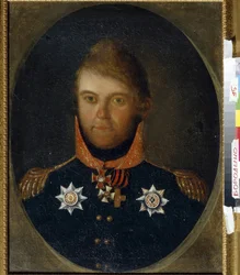 Portræt af Dmitry Petrovich Neverovsky (1771-1813). En russisk militærofficer, han er klædt i sin uniform og sine æresmedaljer, herunder Saint Georges kors (hvidt kors med orange og sort bånd), medaljen af ​​Saint Vladimirs orden (kors r).