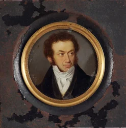 Portræt af forfatteren Alexander Pushkin (1799-1837) - Anonymt værk, gouache på pergament (8,5x9 cm), ca. 1830 - Portræt af forfatteren Alexander Pushkin, Gouache på pergament, anonym
