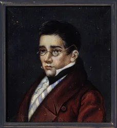 Portræt af dramatikeren Alexander Sergeyevich Griboiedov (Alexander S. Griboyedov) (1795-1829). Værk af en russisk mester, akvarel og gouache på horn, ca. 1820. Russisk kunst