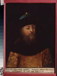 Portræt af storprins Vladimir II Monomakh af Kiev (1053-1125). Maleri af en russisk mester, olie på lærred, midten af ​​1800-tallet. Museum for historie og kunst, Yegoryevsk (Rusland).