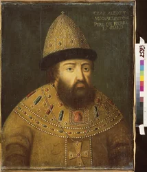 Portræt af zar Alexis I Mikhailovich af Rusland (1629-1676). Maleri af en russisk mester, olie på lærred, slutningen af ​​1600-tallet. Gammel russisk kunst. M. Kroshitsky kunstmuseum, Sevastopol (Ukraine).