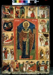 Altertavle af Sankt Nicolas af Myre eller Bari (270-345) liv. Russisk ikon. Maleri på træ fra slutningen af ​​1400-tallet. Statens Tretyakov-galleri, Moskva