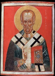 Saint Nicolas (eller Saint Nicolas de Myre eller Saint Nicolas de Bari, 270-345) (Saint Nicholas). Russisk ikon, tempera på træ, slutningen af ​​det 13., begyndelsen af ​​det 14. århundrede, kunst fra Novgorod (Rusland). State Hermitage, Sankt Petersborg.