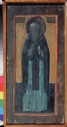 Sankt Zosimus af Solovki (død 1478). Russisk ikon, polykrom udskåret træ, midten af ​​1500-tallet. Gammel traditionel russisk kunst fra Norden. Regionalt museum for kunst og brugskunst, Smolensk (Rusland).