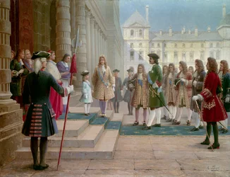 Zar Pierre Le Grand (1672-1725) modtaget af Louis XV barn i Versailles i 1717 - Maleri af Gorsky (1800-tallet)