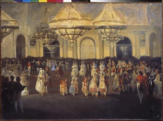 Et bal i Vinterpaladset (Sankt Petersborg) under Nicholas I (1796-1855). Maleri af en russisk mester, olie på lærred, omkring 1830. Russisk kunst