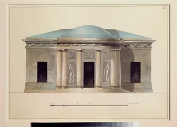 En koncertsal. Værk af en russisk mester, akvarel på papir, ca. 1826. Statens Frilandsmuseum Tsarkoye Selo, Sankt Petersborg.