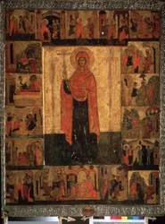 ""Livet og episoderne af Saint Paraskeva Pyatnitsa"" Russisk ikon. Maleri på træ fra 1400-tallet. Statens Historiske Museum, Moskva