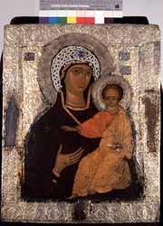 ""Vierge Hodegetria (Hodigitria) "" Icone russe. Peinture sur bois du 14eme siecle. Statens frilandsmuseum for Treenigheden Lavra af St. Sergius, Sergyev Possad