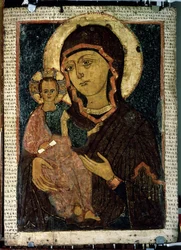 ""Jomfru Hodegetria (Hodigitria)"" Jomfru Maria og Jesusbarnet, hvis glorie er markeret med et kors. Russisk ikon. Maleri på træ fra slutningen af ​​1200-tallet. Statens Tretyakov-galleri, Moskva