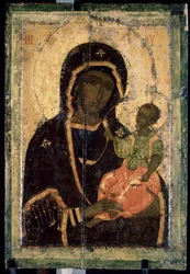 ""Virgin Hodegetria (Hodigitria)"" Russisk ikon. Maling på træ. omkring 1360. Statens Tretyakov Galleri, Moskva
