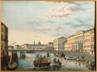 Udsigt over Fontanka-floden i Sankt Petersborg. Anonymt værk, Litografi, farvelagt i akvarel, ca. 1820. Russisk kunst