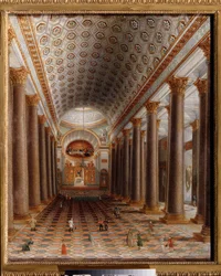 Indvendig udsigt over Kazan-katedralen i Sankt Petersborg. Maleri af en russisk mester, olie på lærred, begyndelsen af ​​1800-tallet. russisk kunst. Statens Tretyakov-galleri, Moskva.