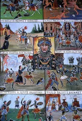 En dukketeaterindretning ved navn Puppi, der tilhører en siciliansk tradition, der går tilbage til oldtiden og har til formål at fortælle historien om invasioner og normanniske erobringer. Palermo, Sicilien, Italien.