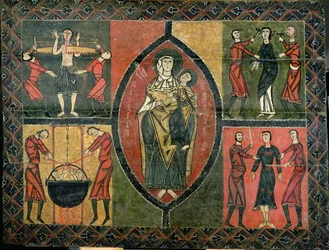 Quirze og St. Julita med fire ledsagende scener af helgeners martyrium, Sant Quirze i Santa Julita-kirken, Durro (tempera på panel)