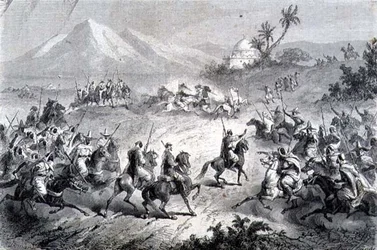 Et eventyr, rejsende angrebet af brigander, illustration fra 