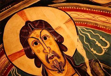 Kristus i Majestæt flankeret af serafer og symboler fra evangelisterne, kopi af original fra det 12. århundrede (fresko) (detaljer)