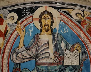 Kristus i Majestæt flankeret af serafer og evangelisternes symboler, kopi af original fra det 12. århundrede (fresko)