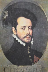 Portræt af Hernan Cortes (farve litho)