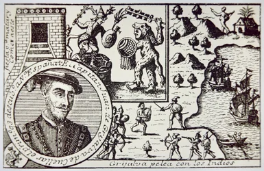 Spaniere under Juan de Grijalva lander ved Yucatan og engagerer Maya-krigere i slaget ved Champoton, maj 1518 (litho)