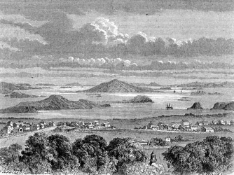Udsigt over Aucklands havn, illustration fra "The Return to the World