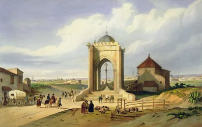 Udsigt over byen Sevilla fra Cruz del Campo (farve litho)