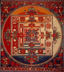 Gudinden Mandala de Vajravarami danser (i midten) dens navn betyder "" adamantine laie""". Tibet 1800-tallet. Paris, Musée Guimet