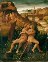 Venus og Mars i et flodlandskab med Vulcan arbejdende i sin smedje, ca. 1500 (olie på panel)