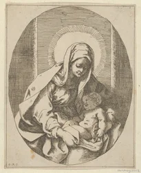 Jomfruen holder spædbarnet Kristus på skødet, en oval komposition, efter Reni, 1620-50., 1620-50.
