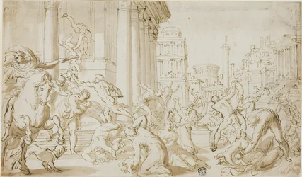 Massakren på de uskyldige (recto); figurskitser (verso)