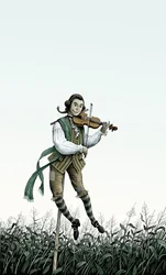 Barokviolin-fugleskræmsel, 2006 (scratchboard, farvelagt digitalt)