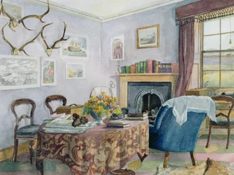 Tegnestue interiør i et landsted i Skotland, ca. 1850 (wc på papir)
