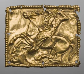 Art des steppes - skytisk kunst: Plaque, der viser en jagtscene. Guld, størrelse: 5,2x4,2, 5.-4. århundrede f.Kr., State Hermitage, St. Petersburg