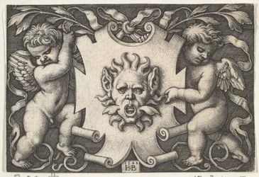 En maske på et skjold støttet af to genier, 1544.