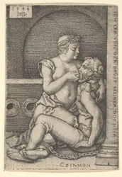 Cimon sad mod en søjle til højre, og diede fra Pero, der knæler ved siden af ham, 1544.