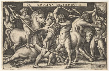 Hercules med sin kølle i midten kæmper mod en kentaur, andre mænd kæmper mod kentaurer til venstre for en..., 1542.