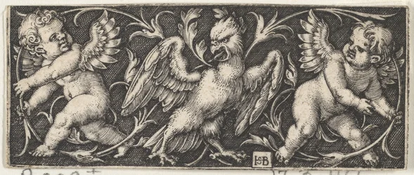 Vandret panel med en ørn flankeret af to Genii, 1544.