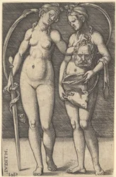 Judith står til højre og holder hovedet af Holofernes i højre hånd og en..., ca. 1520-30.
