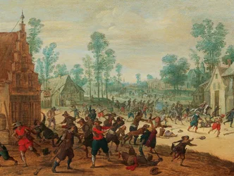 Kæmpende soldater i en landsby, ca. 1630.