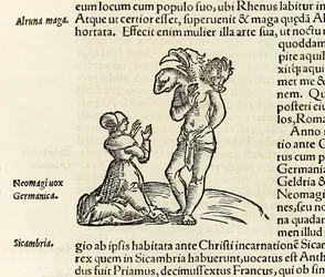 En heks tilkalder en trehovedet dæmon, fra 1550-udgaven af 