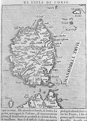 Korsika efter "Cosmographia Universalis" af Sebastian Munster. Basel 1558