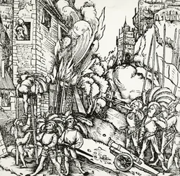 Belejring af Kartago, gravering taget fra Universalis Cosmographia (Universal Kosmologi), af Sebastian Munster (1488-1552). Tyskland