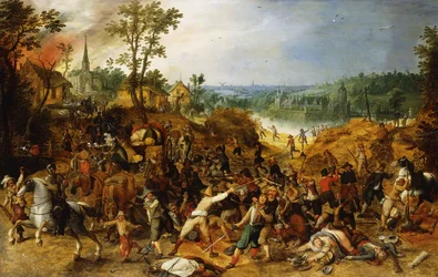 Et landskab med røvere, der angriber et vogntog og plyndrer en landsby,